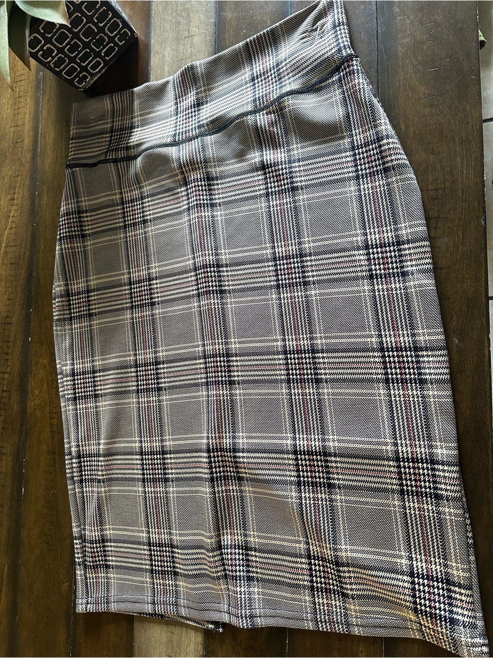 Plaid Pencil Skirt in Gray with Subtle Red Stripe